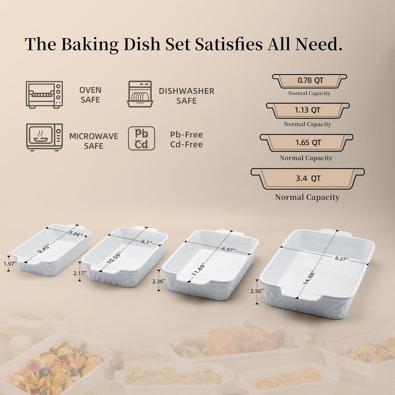 Dafuceramic Casserole Dishes for Oven, Baking Dishes, Ceramic Bakeware Sets of 4, Rectangular Baking Pan Set with Handles for Baking, Casserole, Kitchen, Wedding Gift,White - Image 2